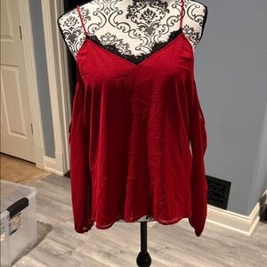 Express Red Sheer Chiffon with Black Lace Trim cami with draped sleeves.